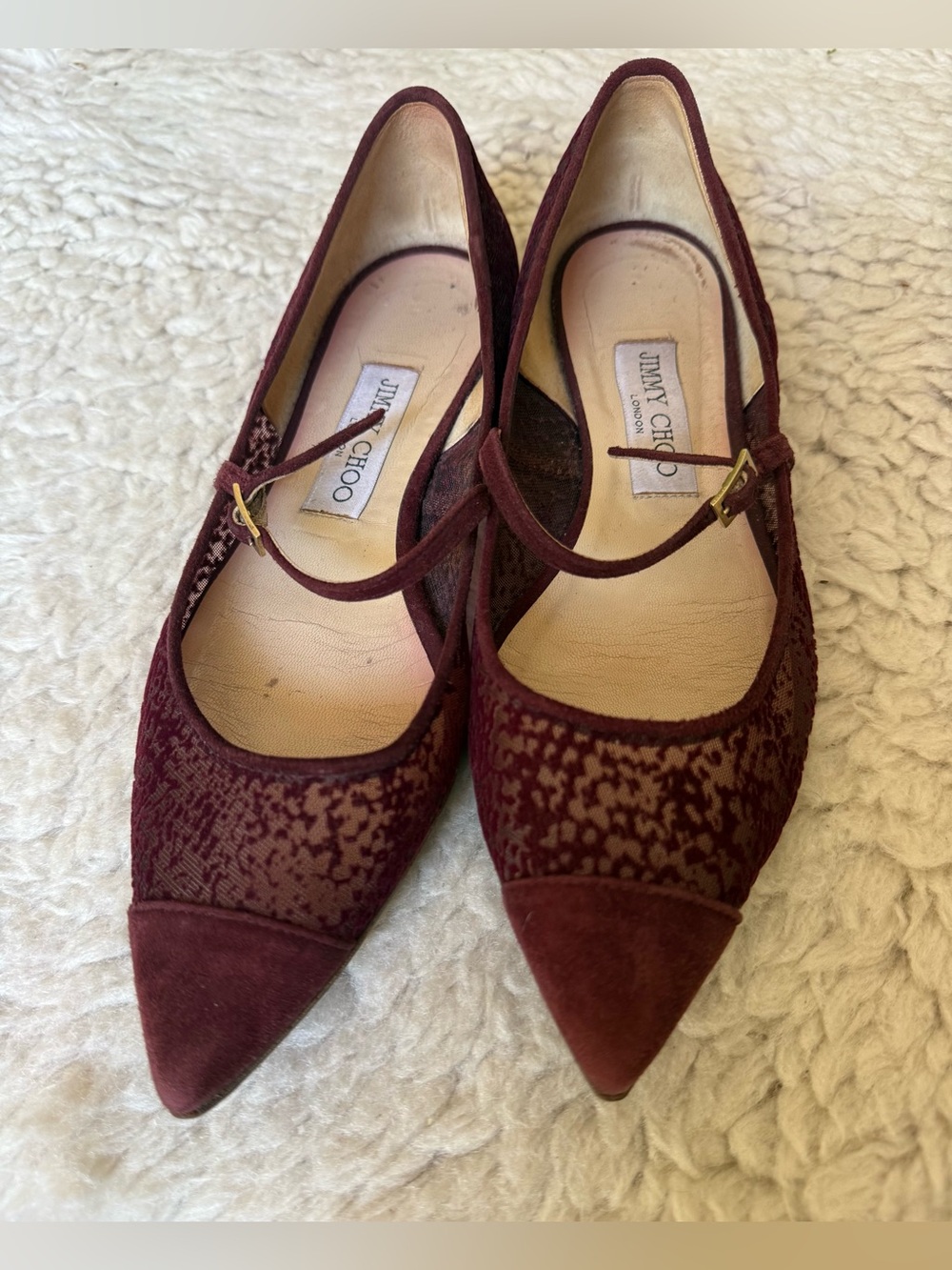 Jimmy Choo “Blanch” Burgundy Flocked Mesh Pointed-Toe Flats 38